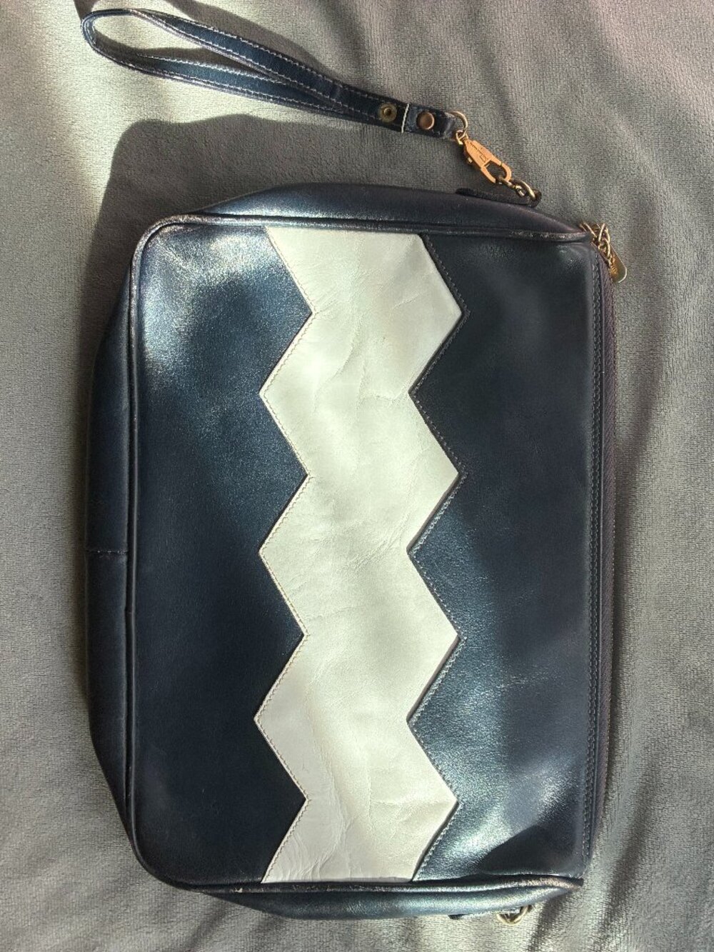 Vintage 80s Salvatore Ferragamo Chevron ZigZag Leather Wristlet Clutch Bag